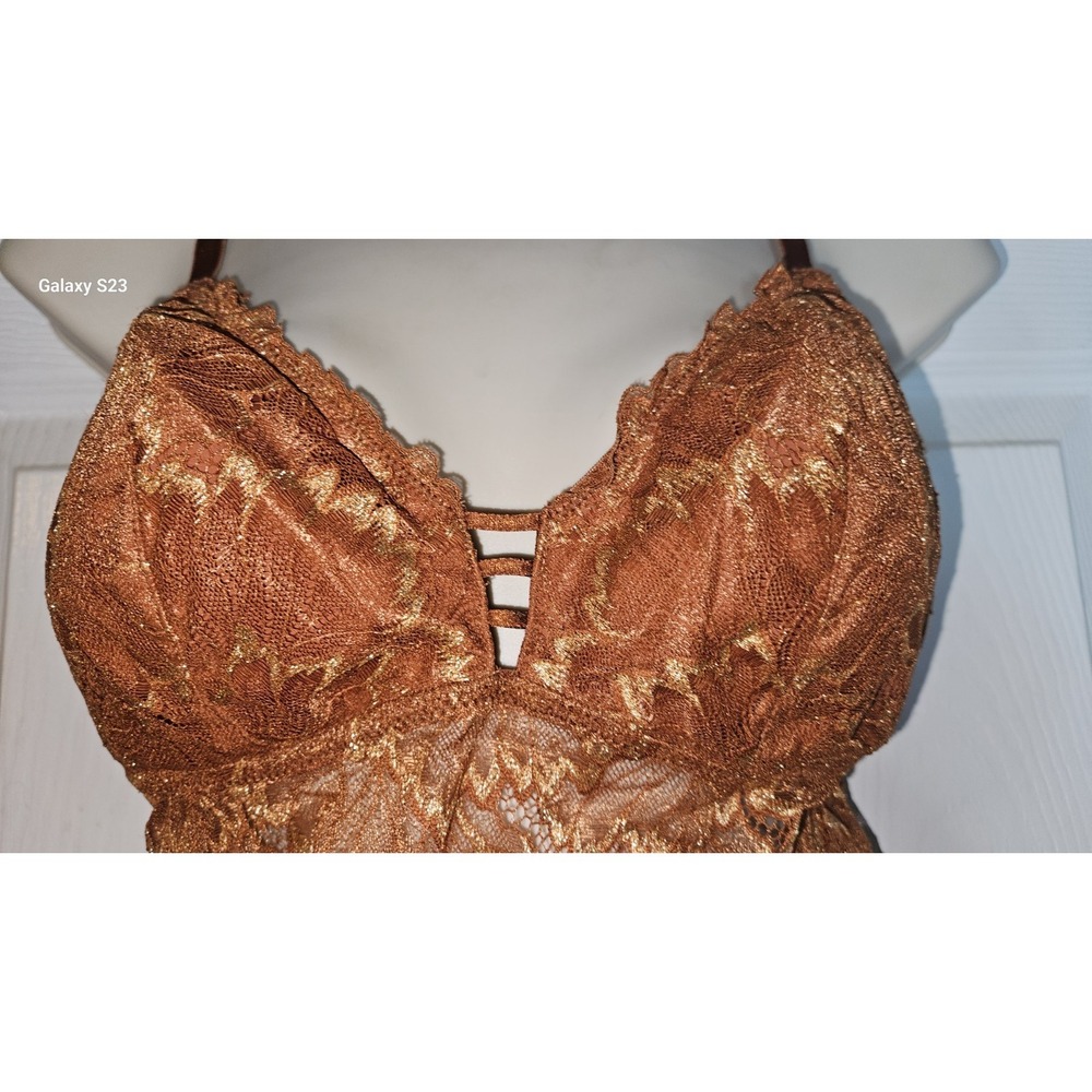 Auden Size M Whimsy Y2K Longline Lace Bralette Burnt Orange Metallic Gold Floral - Picture 4 of 9